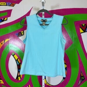 525 America, Blue V-Neck Sleeveless Shirt. Size Large. Minor pen marks on back.